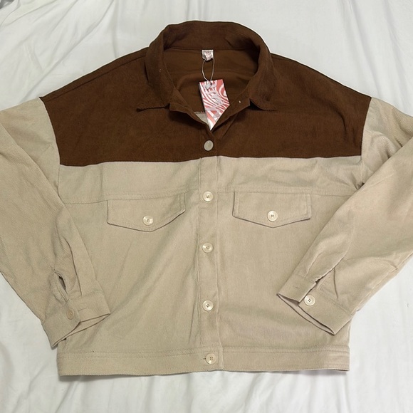 3/$30 NWT Romwe Shirt Jacket Brown Colourblock medium - Picture 1 of 6